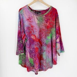 Calessa 3X Stretch Knit Multicolor Abstract 3/4 Sleeve Artsy Top Casual Office
